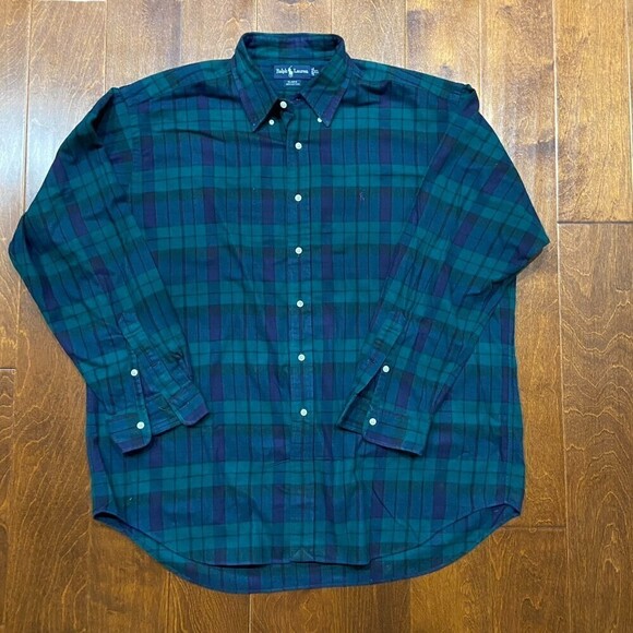Polo Ralph Lauren Vintage 90s Plaid Flannel Navy Green Button Down Men's XL - Picture 3 of 7